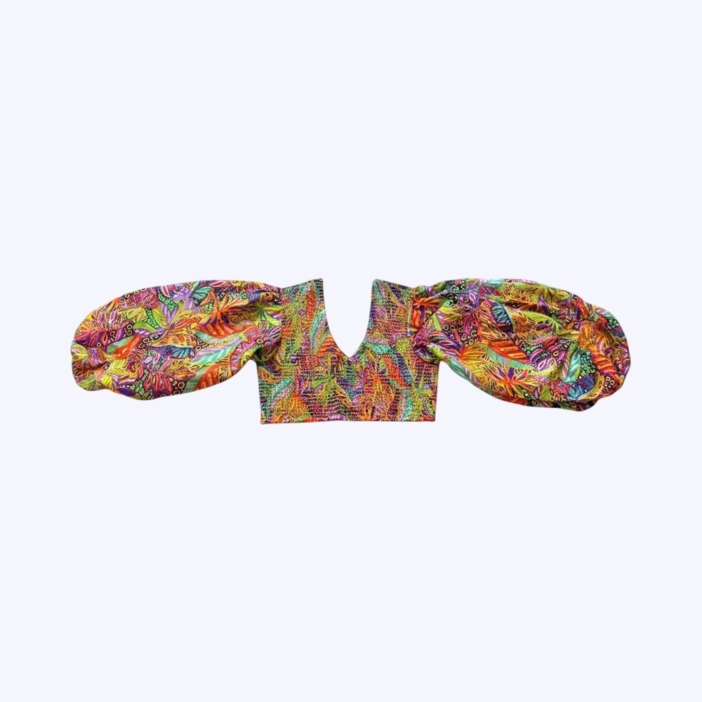 Boho Smocked Crop Top L Puff Balloon Sleeves Colorful Tropical Print